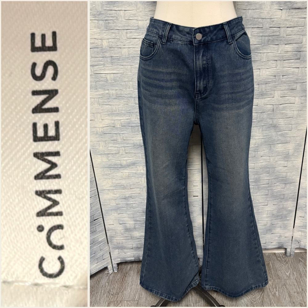 COMMENSE Women's Blue Wash Flare Jeans High Rise‎ Distressed Denim